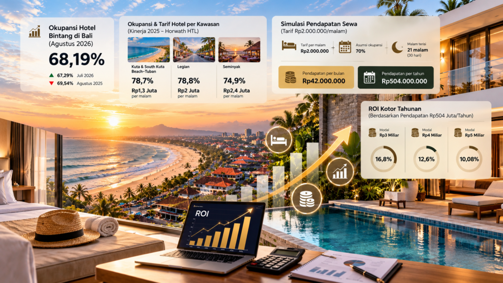 Infografis harga sewa hotel Kuta Bali, okupansi hotel 2026, dan simulasi ROI properti V Residence